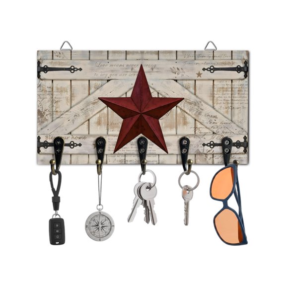Key Holder for Wall Rusty Barn Star Doors Key Hooks Wood Wall Mounted Key Holder Red Retro Rustic Walls Key Rack Organizer with 5 Hooks for Entryway, Hallway Office Bathroom Kitchen Home Decor