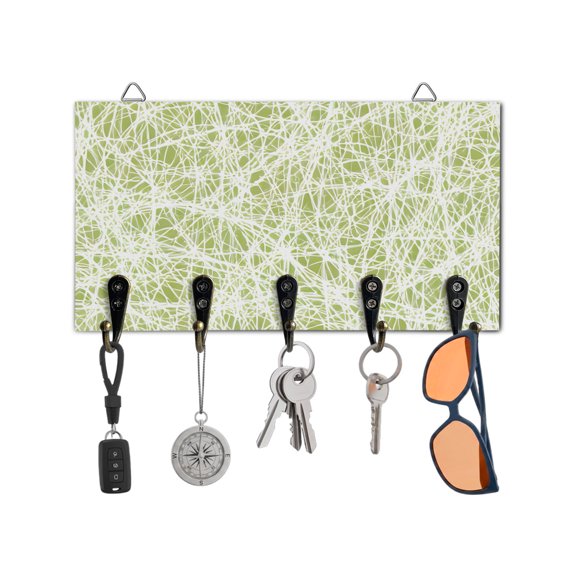 Key Holder for Wall Sage Green Fibers Cobweb Key Hooks Wood Wall Mounted Key Holder Abstract Twist Lines Key Rack Organizer with 5 Hooks for Entryway, Hallway Office Bathroom Kitchen Home Decor