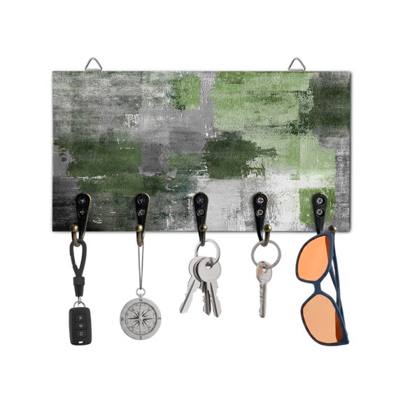 Key Holder for Wall Sage Green Gray Block Key Hooks Wood Wall Mounted Key Holder Modern Abstract Art Key Rack Organizer with 5 Hooks for Entryway, Hallway Office Bathroom Kitchen Home Decor