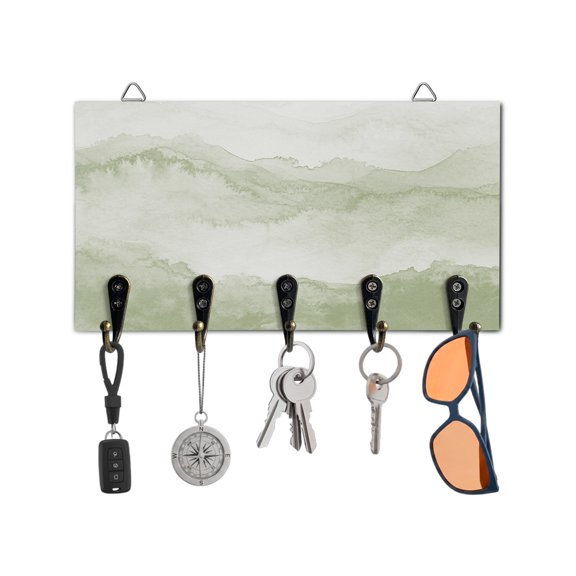 Key Holder for Wall Sage Green Mountain Key Hooks Wood Wall Mounted Key Holder Ombre Abstract Natural Key Rack Organizer with 5 Hooks for Entryway, Hallway Office Bathroom Kitchen Home Decor