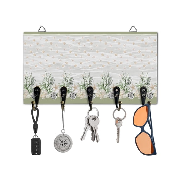 Key Holder for Wall Sage Green Starfish Key Hooks Wood Wall Mounted Key Holder Coral Shell Marine Life Key Rack Organizer with 5 Hooks for Entryway, Hallway Office Bathroom Kitchen Home Decor