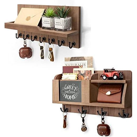 Key Holder for Wall Set : 15" Key Rack with 7 Key Hooks & 16" Mail Organizer with Chalkboard and 4 Anchor Hooks for Home Apartment Entryway Decor - Brown$$Home Decor, Kitchen, & Other