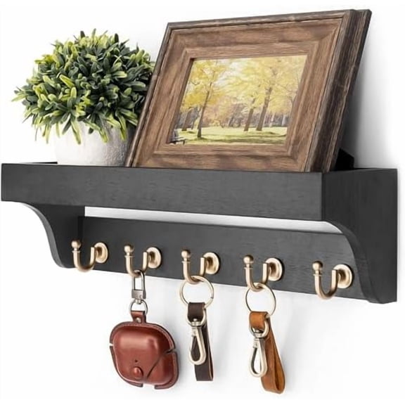 Key Holder for Wall with Shelf : Decorative Key Organizer with 5 Rustic Keys Hooks and Primitive Wood Mail Organizer Wall Mount - Entryway Décor (Black)
