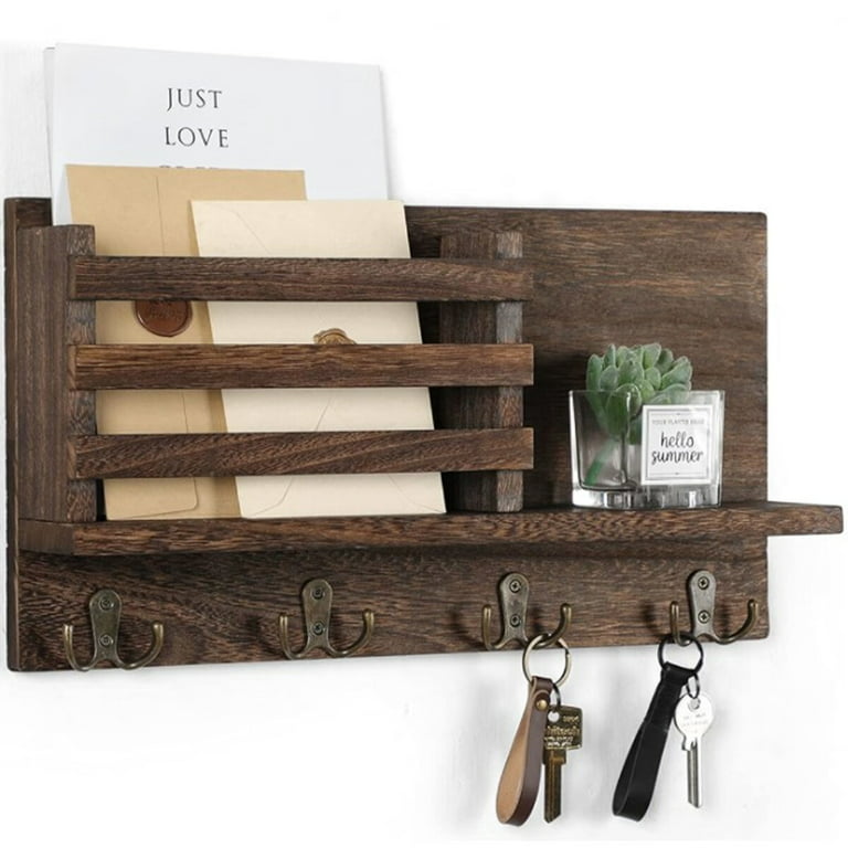 Rustic Key Holder for Wall, Farmhouse Wall Shelf with 4 Hooks, Wall Mounted  Key Racks, Wooden Mail Organizer with Hooks for Entryway (Brown)