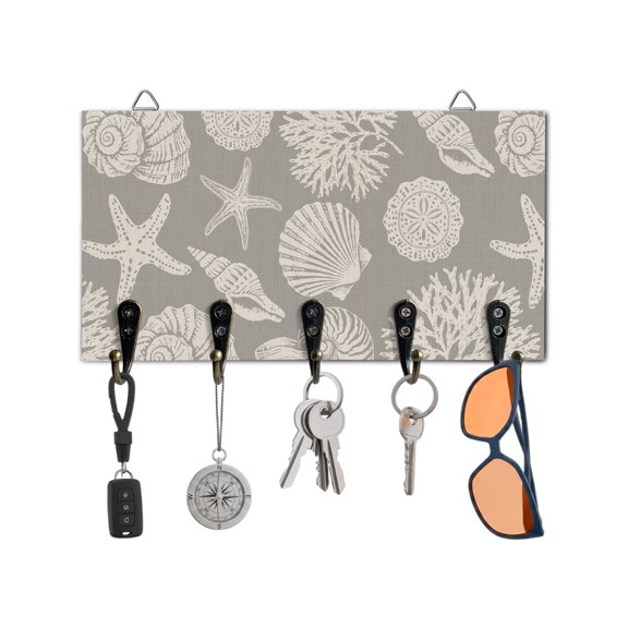 Key Holder for Wall Shell Starfish Key Hooks Wood Wall Mounted Key Holder Grey Coastal Coral Conch Key Rack Organizer with 5 Hooks for Entryway, Hallway Office Bathroom Kitchen Home Decor