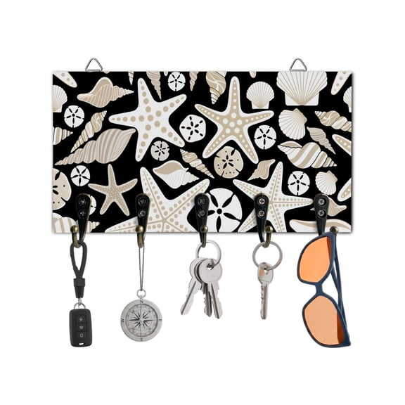 Key Holder for Wall Shell Starfish Key Hooks Wood Wall Mounted Key Holder Ocean Conch Beach Black Key Rack Organizer with 5 Hooks for Entryway, Hallway Office Bathroom Kitchen Home Decor