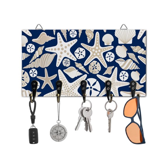 Key Holder for Wall Shell Starfish Key Hooks Wood Wall Mounted Key Holder Ocean Conch Beach Navy Blue Key Rack Organizer with 5 Hooks for Entryway, Hallway Office Bathroom Kitchen Home Decor