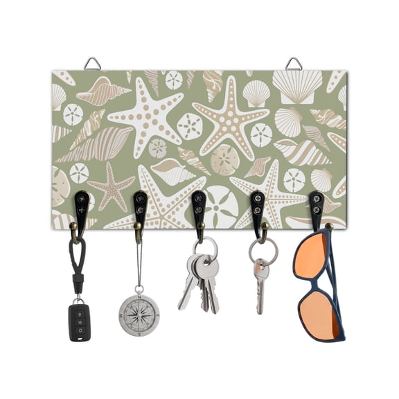Key Holder for Wall Shell Starfish Key Hooks Wood Wall Mounted Key Holder Ocean Conch Beach Sage Green Key Rack Organizer with 5 Hooks for Entryway, Hallway Office Bathroom Kitchen Home Decor