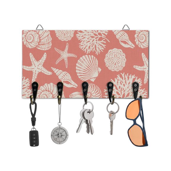 Key Holder for Wall Shell Starfish Key Hooks Wood Wall Mounted Key Holder Pink Coastal Coral Conch Key Rack Organizer with 5 Hooks for Entryway, Hallway Office Bathroom Kitchen Home Decor