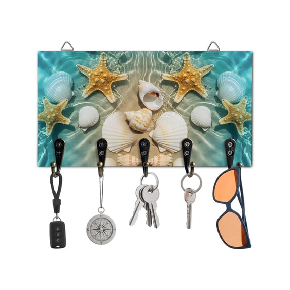 Key Holder for Wall Shell Starfish Key Hooks Wood Wall Mounted Key Holder Teal Blue Summer Beach Key Rack Organizer with 5 Hooks for Entryway, Hallway Office Bathroom Kitchen Home Decor