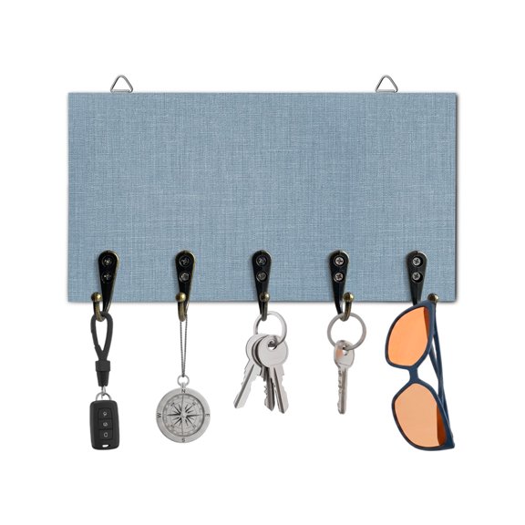 Key Holder for Wall Sky Blue Linen Key Hooks Wood Wall Mounted Key Holder Farmhouse Pure Color Key Rack Organizer with 5 Hooks for Entryway, Hallway Office Bathroom Kitchen Home Decor
