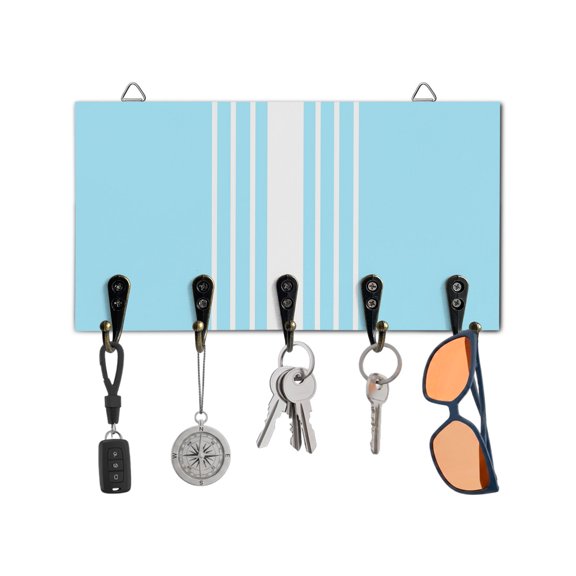 Key Holder for Wall Sky Blue Vertical Stripes Key Hooks Wood Wall Mounted Key Holder Classic Striped Key Rack Organizer with 5 Hooks for Entryway, Hallway Office Bathroom Kitchen Home Decor