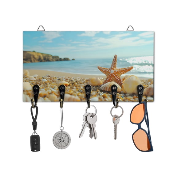 Key Holder for Wall Starfish Key Hooks Wood Wall Mounted Key Holder Summer Beach Shell Key Rack Organizer with 5 Hooks for Entryway, Hallway Office Bathroom Kitchen Home Decor