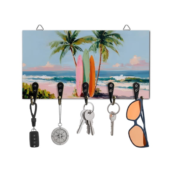 Key Holder for Wall Summer Beach Key Hooks Wood Wall Mounted Key Holder Tropical Palm Trees Surfboard Key Rack Organizer with 5 Hooks for Entryway, Hallway Office Bathroom Kitchen Home Decor