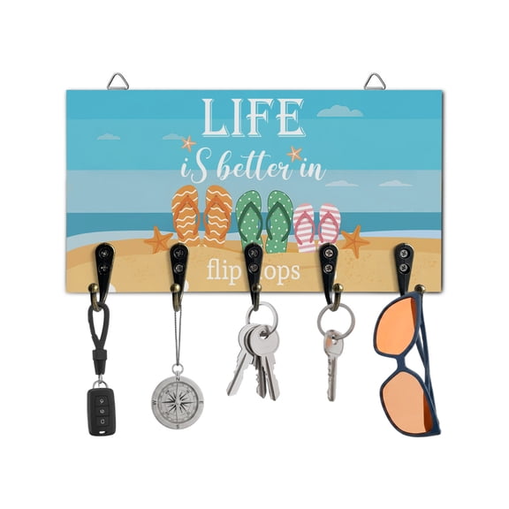 Key Holder for Wall Summer Beach Starfish Key Hooks Wood Wall Mounted Key Holder Life Is Better in Flip Flops Key Rack Organizer with 5 Hooks for Entryway, Hallway Office Bathroom Kitchen Home Decor