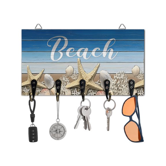 Key Holder for Wall Summer Beach Starfish Key Hooks Wood Wall Mounted Key Holder Shell Coral Blue Wood Grain Key Rack Organizer with 5 Hooks for Entryway, Hallway Office Bathroom Kitchen Home Decor