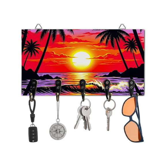 Key Holder for Wall Summer Beach Sunset Key Hooks Wood Wall Mounted Key Holder Coastal Tropical Palm Tree Key Rack Organizer with 5 Hooks for Entryway, Hallway Office Bathroom Kitchen Home Decor