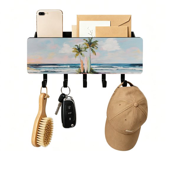 Key Holder for Wall Summer Beach Surfboard Key and Mail Holder with Shelf 5 Hooks Storage Key Organizer Rack Tropical Palm Trees Wood Wall Key Hanger for Entryway Hallway Kitchen Office Home Decor