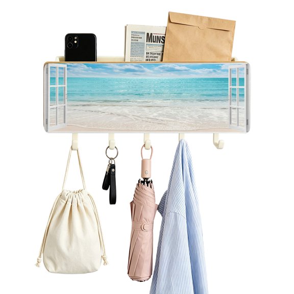 Key Holder for Wall Summer Beach Window View Key and Mail Holder with Shelf 5 Hooks Storage Key Organizer Rack Sky Sea Waves Wood Wall Key Hanger for Entryway Hallway Kitchen Office Home Decor