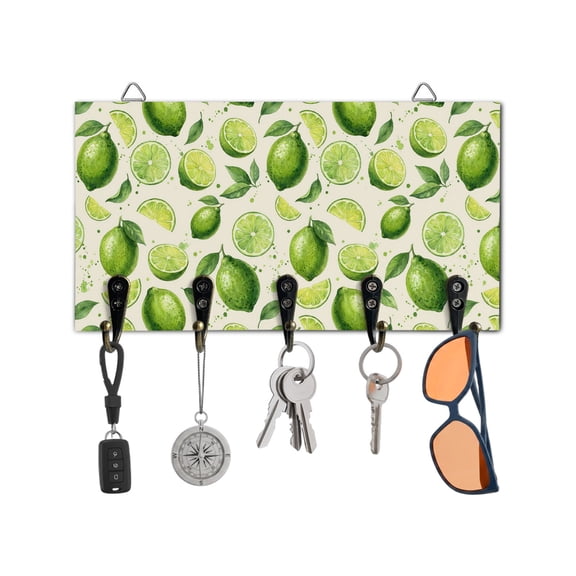 Key Holder for Wall Summer Lemon Lime Slice Key Hooks Wood Wall Mounted Key Holder Green Tropical Fruit Key Rack Organizer with 5 Hooks for Entryway, Hallway Office Bathroom Kitchen Home Decor