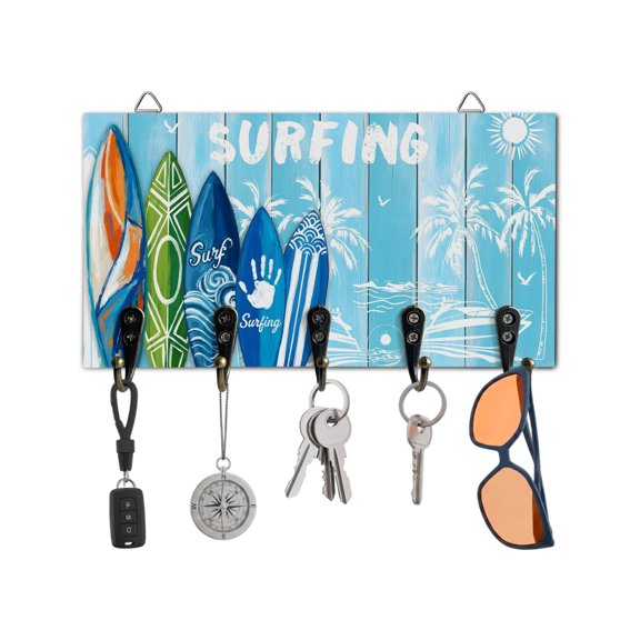 Key Holder for Wall Summer Surfing Key Hooks Wood Wall Mounted Key Holder Beach Palm Tree Blue Wood Grain Key Rack Organizer with 5 Hooks for Entryway, Hallway Office Bathroom Kitchen Home Decor