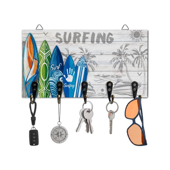 Key Holder for Wall Summer Surfing Key Hooks Wood Wall Mounted Key Holder Beach Palm Tree Gray Wood Grain Key Rack Organizer with 5 Hooks for Entryway, Hallway Office Bathroom Kitchen Home Decor