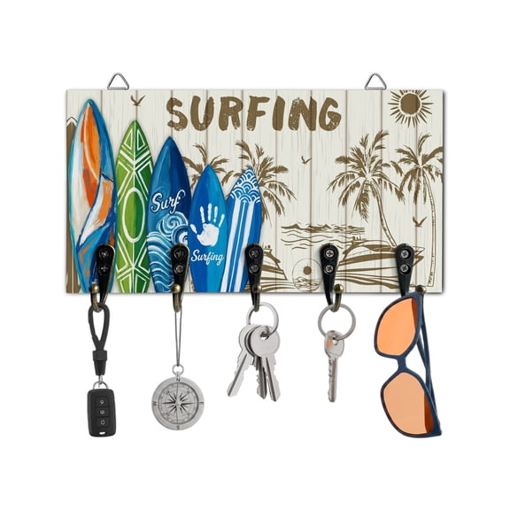 Key Holder for Wall Summer Surfing Key Hooks Wood Wall Mounted Key Holder Beach Palm Tree Wood Grain Key Rack Organizer with 5 Hooks for Entryway, Hallway Office Bathroom Kitchen Home Decor