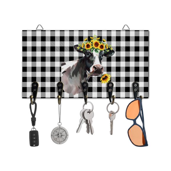 Key Holder for Wall Sunflower Cow Key Hooks Wood Wall Mounted Key Holder Black Buffalo Pliad Farm Animal Key Rack Organizer with 5 Hooks for Entryway, Hallway Office Bathroom Kitchen Home Decor