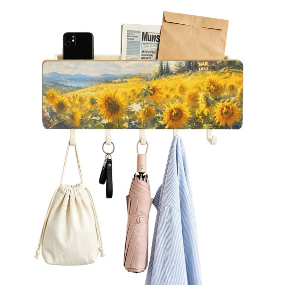 Key Holder for Wall Sunflower Field Key and Mail Holder with Shelf 5 Hooks Storage Key Organizer Rack Sky Clouds Nature Landscape Wood Wall Key Hanger for Entryway Hallway Kitchen Office Home Decor