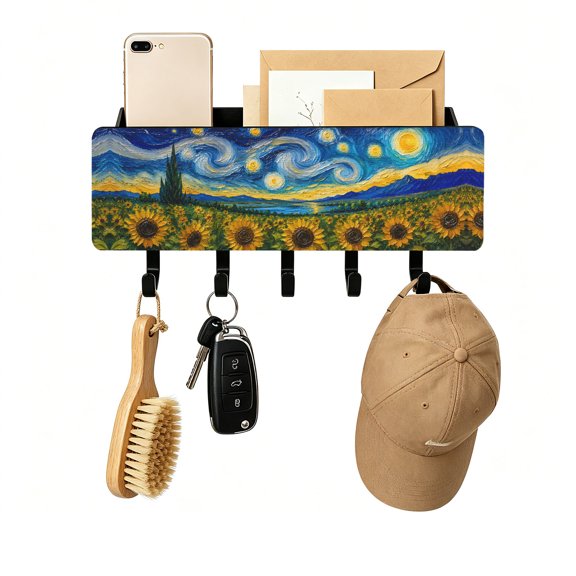 Key Holder for Wall Sunflower Field Starry Sky Key and Mail Holder with Shelf 5 Hooks Storage Key Organizer Impressionist Landscape Wood Wall Key Hanger for Entryway Hallway Kitchen Office Decor