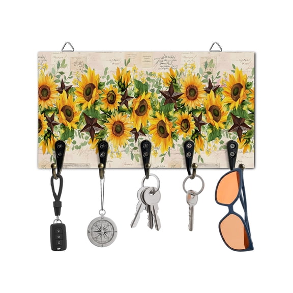 Key Holder for Wall Sunflower Key Hooks Wood Wall Mounted Key Holder Texas Star Vintage Key Rack Organizer with 5 Hooks for Entryway, Hallway Office Bathroom Kitchen Home Decor