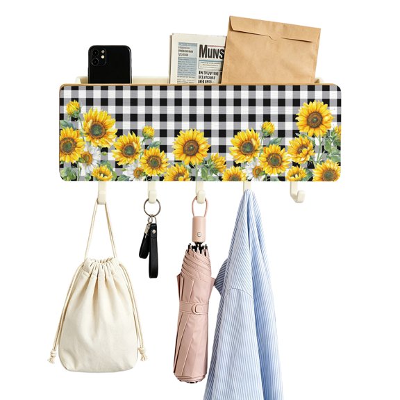 Key Holder for Wall Sunflower Key and Mail Holder with Shelf 5 Hooks Storage Key Organizer Rack Floral Black Buffalo Plaid Wood Wall Key Hanger for Entryway Hallway Kitchen Office Home Decor