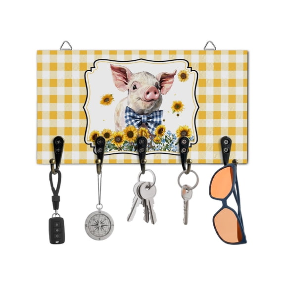 Key Holder for Wall Sunflower Pig Key Hooks Wood Wall Mounted Key Holder Farm Animal Yellow Buffalo Plaid Key Rack Organizer with 5 Hooks for Entryway, Hallway Office Bathroom Kitchen Home Decor