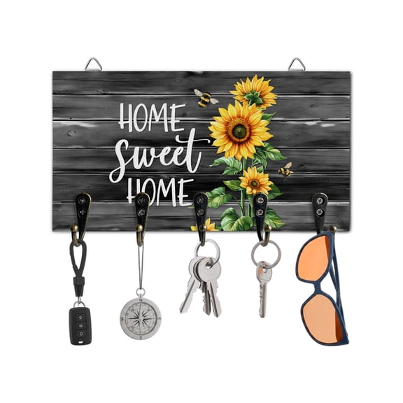 Key Holder for Wall Sunflower Sweet Home Key Hooks Wood Wall Mounted Key Holder Bee Black Wood Grain Key Rack Organizer with 5 Hooks for Entryway, Hallway Office Bathroom Kitchen Home Decor