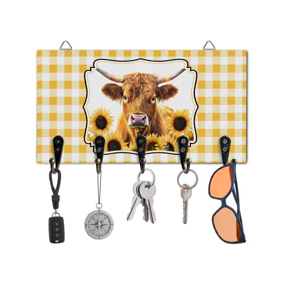 Key Holder for Wall Sunflower Yak Key Hooks Wood Wall Mounted Key Holder Cow Farm Animal Yellow Buffalo Plaid Key Rack Organizer with 5 Hooks for Entryway, Hallway Office Bathroom Kitchen Home Decor