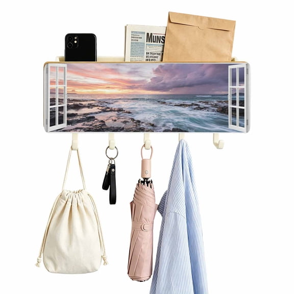 Key Holder for Wall Sunset Clouds Window View Key and Mail Holder with Shelf 5 Hooks Storage Key Organizer Rack Summer Beach Waves Wood Wall Key Hanger for Entryway Hallway Kitchen Office Home Decor
