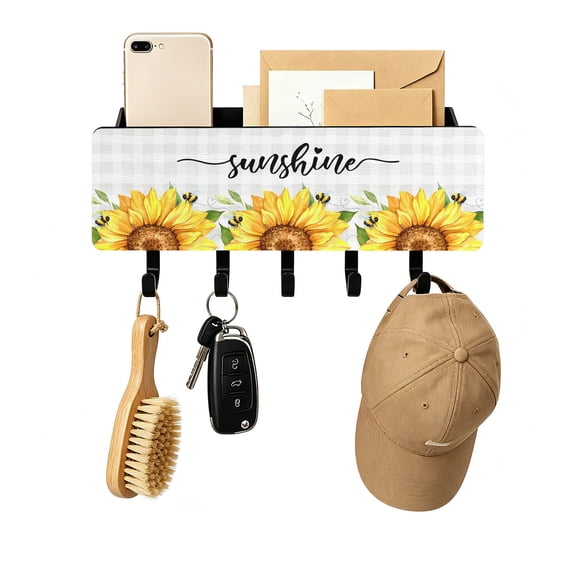Key Holder for Wall Sunshine Sunflower Key and Mail Holder with Shelf 5 Hooks Storage Key Organizer Rack Bee Grey Buffalo Plaid Wood Wall Key Hanger for Entryway Hallway Kitchen Office Home Decor