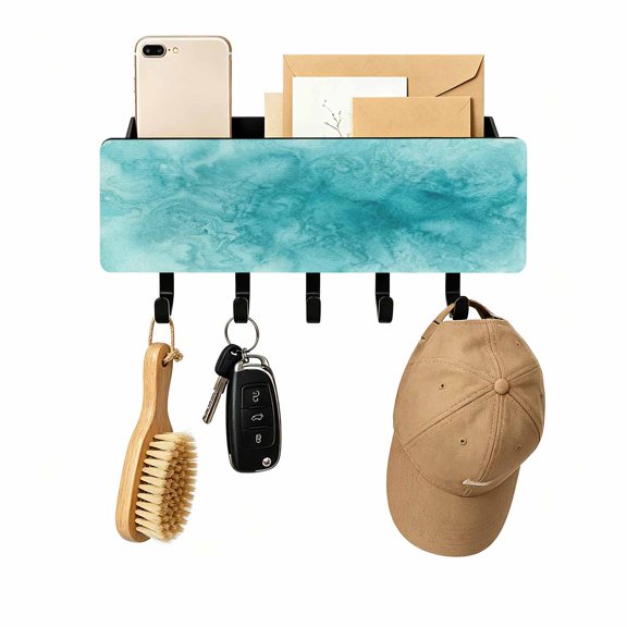 Key Holder for Wall Teal Blue Fog Clouds Key and Mail Holder with Shelf 5 Hooks Storage Key Organizer Rack Abstract Swirls Vapor Wood Wall Key Hanger for Entryway Hallway Kitchen Office Home Decor