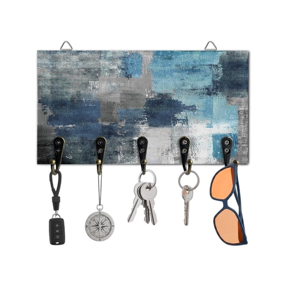Key Holder for Wall Teal Blue Gray Block Key Hooks Wood Wall Mounted Key Holder Abstract Art Key Rack Organizer with 5 Hooks for Entryway, Hallway Office Bathroom Kitchen Home Decor