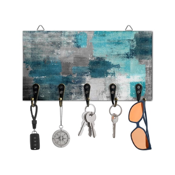 Key Holder for Wall Teal Gray Block Key Hooks Wood Wall Mounted Key Holder Abstract Art Key Rack Organizer with 5 Hooks for Entryway, Hallway Office Bathroom Kitchen Home Decor