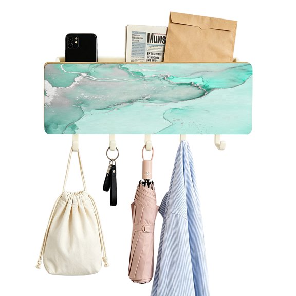 Key Holder for Wall Teal Green Marble Key and Mail Holder with Shelf 5 Hooks Storage Key Organizer Rack Abstract Waves Cloud Wood Wall Key Hanger for Entryway Hallway Kitchen Office Home Decor