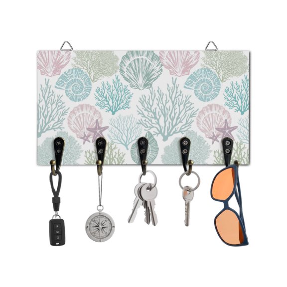 Key Holder for Wall Teal Green Starfish Shell Key Hooks Wood Wall Mounted Key Holder Coastal Ocean Coral Key Rack Organizer with 5 Hooks for Entryway, Hallway Office Bathroom Kitchen Home Decor