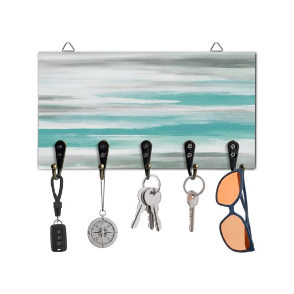 Key Holder for Wall Teal Grey Paint Key Hooks Wood Wall Mounted Key Holder Abstract Art Texture Key Rack Organizer with 5 Hooks for Entryway, Hallway Office Bathroom Kitchen Home Decor