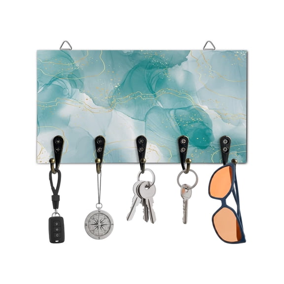 Key Holder for Wall Teal Marble Key Hooks Wood Wall Mounted Key Holder Abstract Geometric Modern Ombre Key Rack Organizer with 5 Hooks for Entryway, Hallway Office Bathroom Kitchen Home Decor
