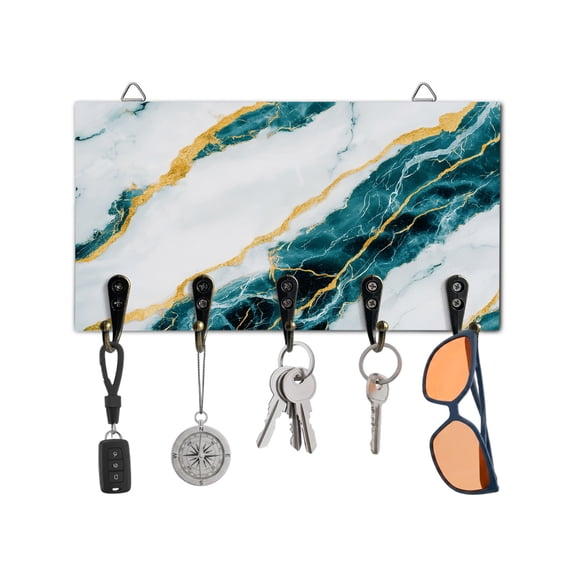 Key Holder for Wall Teal Marble Key Hooks Wood Wall Mounted Key Holder Gold Abstract Art Key Rack Organizer with 5 Hooks for Entryway, Hallway Office Bathroom Kitchen Home Decor