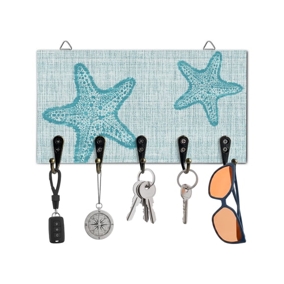 Key Holder for Wall Teal Ocean Starfish Key Hooks Wood Wall Mounted Key Holder Coastal Solid Color Linen Key Rack Organizer with 5 Hooks for Entryway, Hallway Office Bathroom Kitchen Home Decor
