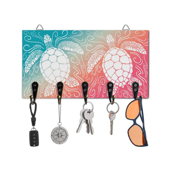 Key Holder for Wall Teal Pink Sea Turtle Key Hooks Wood Wall Mounted Key Holder Coastal Marine Life Waves Key Rack Organizer with 5 Hooks for Entryway, Hallway Office Bathroom Kitchen Home Decor