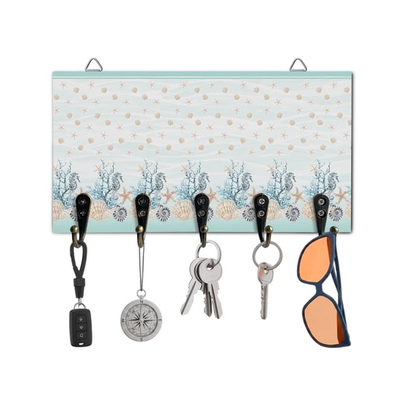 Key Holder for Wall Teal Starfish Key Hooks Wood Wall Mounted Key Holder Coral Shell Marine Life Key Rack Organizer with 5 Hooks for Entryway, Hallway Office Bathroom Kitchen Home Decor