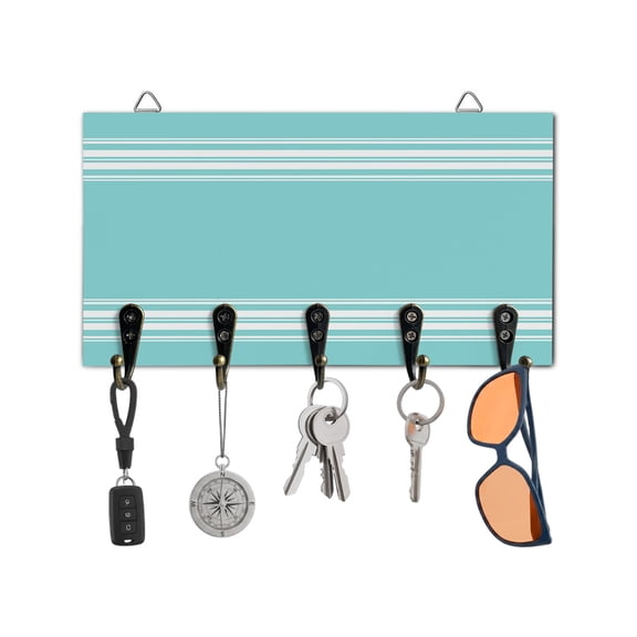 Key Holder for Wall Teal Stripes Key Hooks Wood Wall Mounted Key Holder French Stripe Farmhouse Style Key Rack Organizer with 5 Hooks for Entryway, Hallway Office Bathroom Kitchen Home Decor