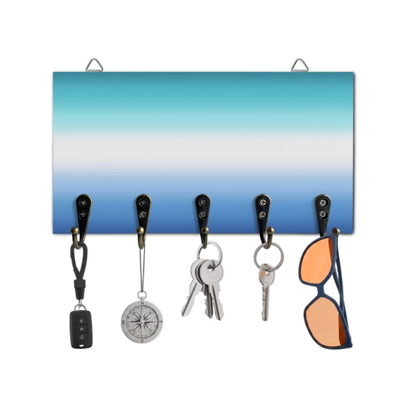 Key Holder for Wall Teal White Blue Key Hooks Wood Wall Mounted Key Holder Gradient Color Key Rack Organizer with 5 Hooks for Entryway, Hallway Office Bathroom Kitchen Home Decor